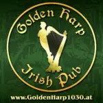 Logo für Golden Harp Irish Pub mit einer goldenen Harfe und stilisiertem Text auf grünem Hintergrund. Die Website www.GoldenHarp1030.at wird am unteren Rand angezeigt.