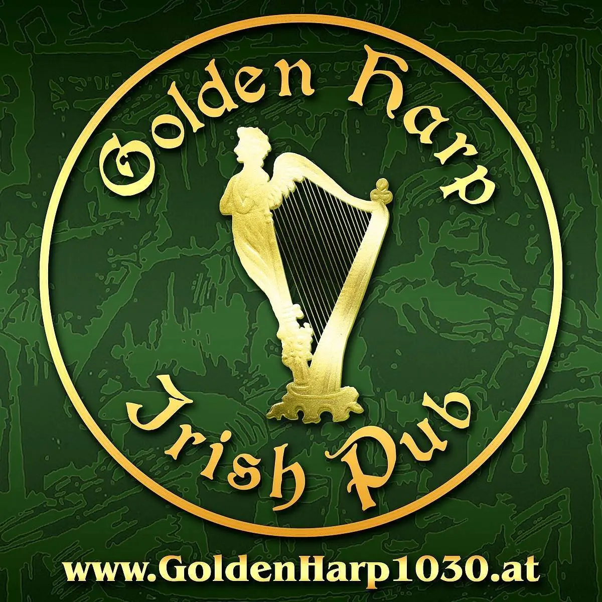 Logo für Golden Harp Irish Pub mit einer goldenen Harfe und stilisiertem Text auf grünem Hintergrund. Die Website www.GoldenHarp1030.at wird am unteren Rand angezeigt.