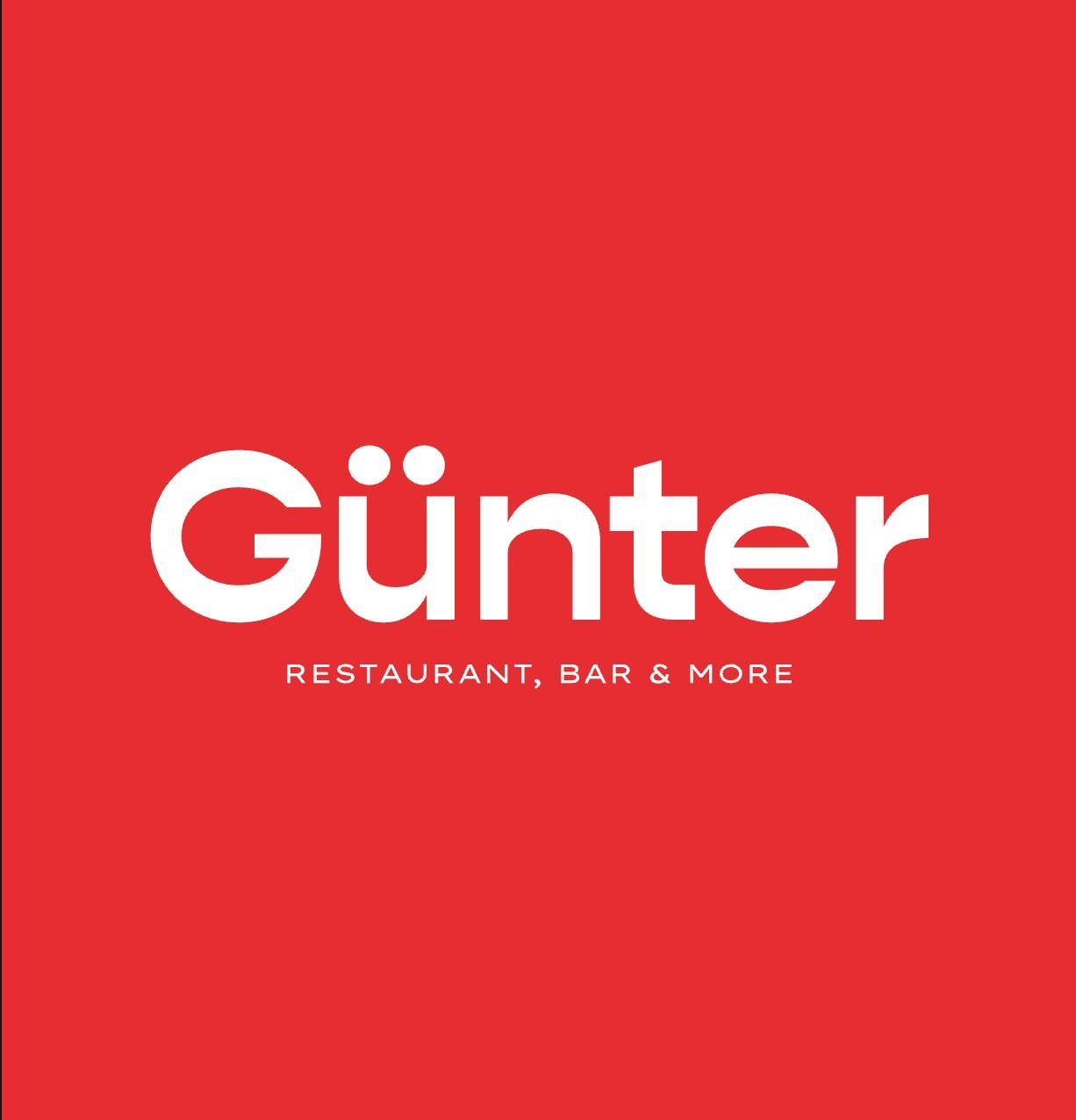 Weißer Text auf rotem Hintergrund: Günter in großen Buchstaben, darunter RESTAURANT, BAR & MORE in kleineren Buchstaben.