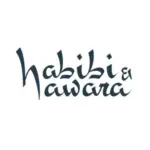 Stilisiertes Textlogo mit den Worten habibi & hawara in einer einzigartigen, künstlerischen Schriftart auf weißem Hintergrund.
