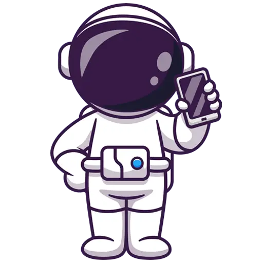 Cartoon-Astronaut in einem weißen Raumanzug, der ein Smartphone hält und bereit ist, eine Geburtstagsparty zu planen, mit einem schwarzen Visier und einem blauen Knopf am Gürtel, stehend vor einem transparenten Hintergrund.