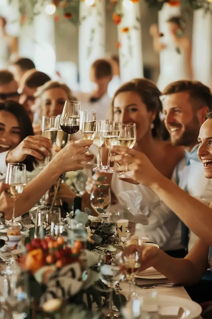 Eine Gruppe formell gekleideter Menschen lächelt und stößt an einem festlich und elegant dekorierten Tisch während einer Hochzeitsfeier oder eines Hochzeitsempfangs an.