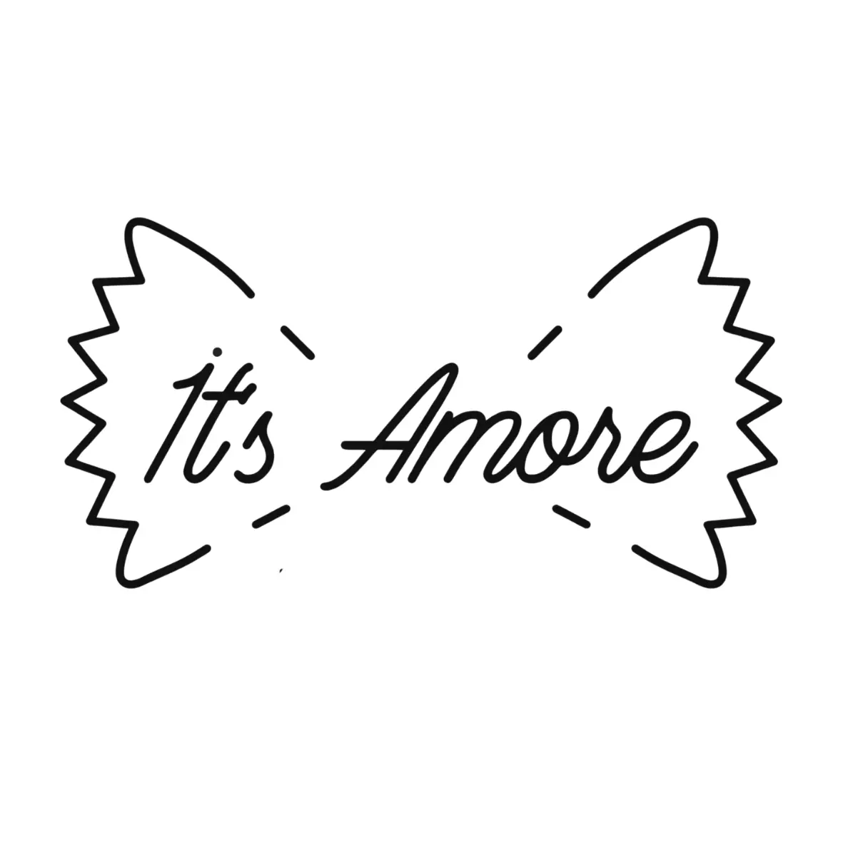 Strichzeichnung einer Bowtie-Nudelform, über die in Schreibschrift die Worte „Its Amore“ geschrieben sind. Das Motiv ist schlicht und schwarz auf weißem Hintergrund gehalten.