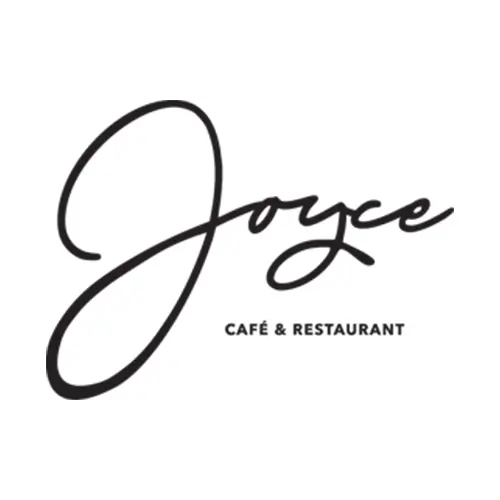Logo für Joyce Café & Restaurant mit Joyce in großer, eleganter Schreibschrift über kleinerem, groß geschriebenem Text CAFÉ & RESTAURANT auf einem schlichten weißen Hintergrund.