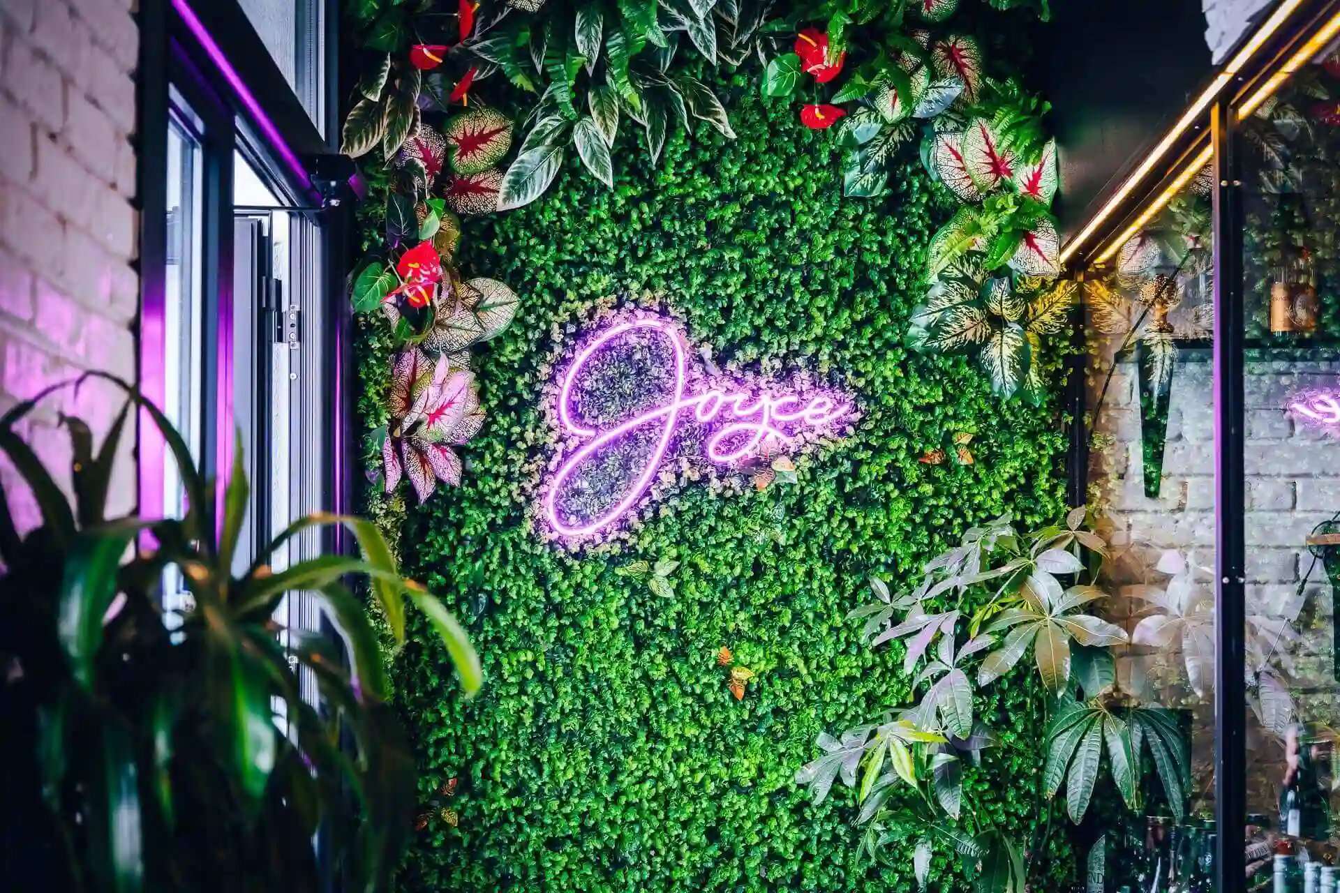Eine rosafarbene Leuchtreklame mit der Aufschrift Joyce ist an einer üppigen grünen Wand angebracht, die mit verschiedenen Pflanzen und kleinen roten Blumen bedeckt ist und eine lebendige, tropische Atmosphäre schafft.