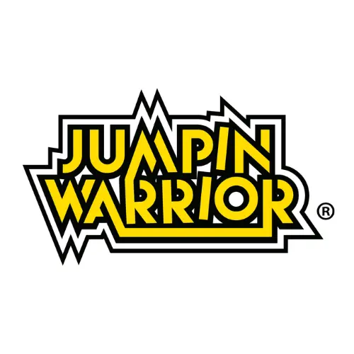 Das Bild zeigt den Schriftzug Jumpin Warrior in fetten, gelben Großbuchstaben mit einer gezackten, comicartigen Kontur, die an ein energiegeladenes Logodesign erinnert.