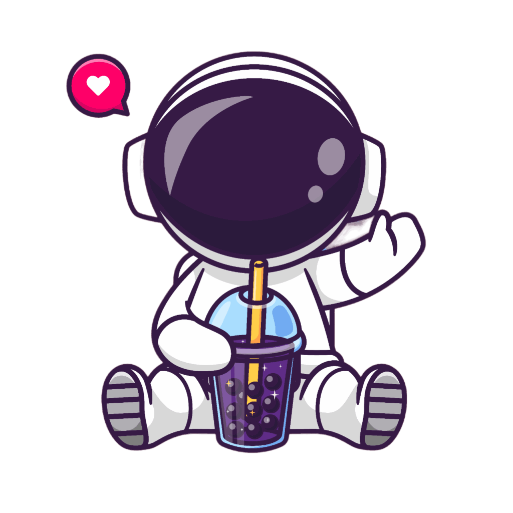 Niedlicher Cartoon-Astronaut, der sitzt und Bubble Tea trinkt, mit einer rosa Sprechblase, die ein Herz enthält und über seinem Kopf schwebt.