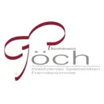Logo für Kirchenwirt Göch mit einem stilisierten roten Band, das über dem Text ein G bildet. Darunter steht in grauer Schrift Waldviertler Spezialitäten Fremdenzimmer auf weißem Hintergrund.