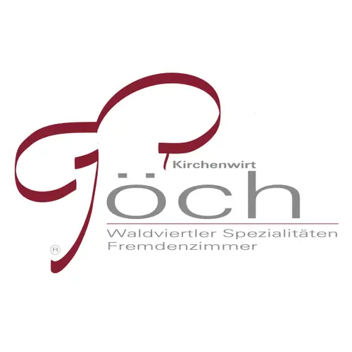 Logo für Kirchenwirt Göch mit einem stilisierten roten Band, das über dem Text ein G bildet. Darunter steht in grauer Schrift Waldviertler Spezialitäten Fremdenzimmer auf weißem Hintergrund.