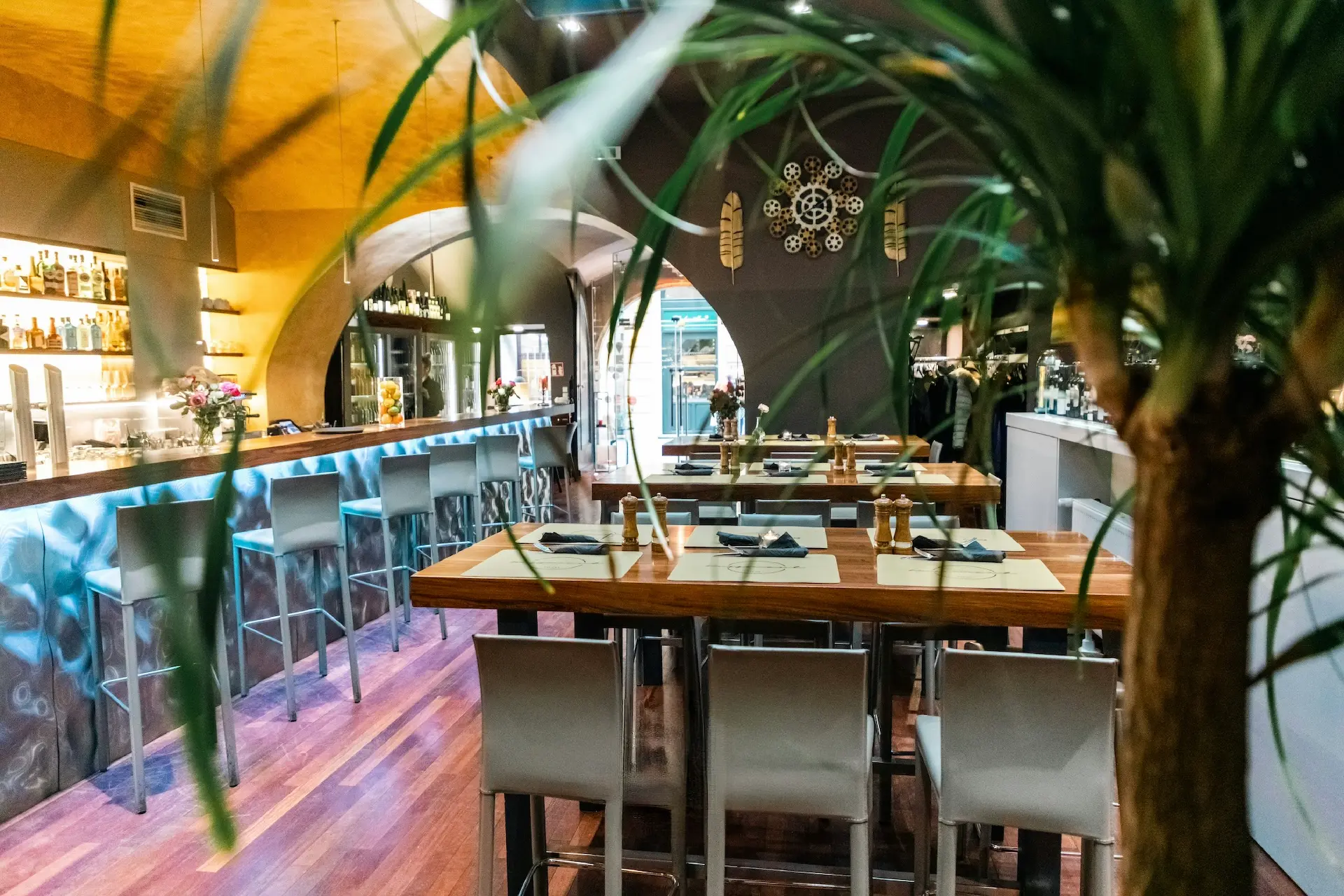 Modernes Restaurantinterieur mit Holztischen, grauen Stühlen, einer langen Bar mit Flaschen und dekorativer Wandkunst. Im Vordergrund steht eine große Pflanze, die die Szene teilweise einrahmt. Der Raum ist hell erleuchtet und einladend.