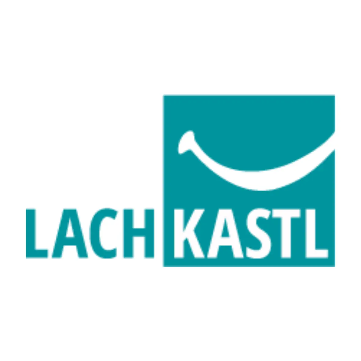 Tealfarbenes Logo mit dem Wort LACHKASTL. Die Buchstaben KASTL befinden sich innerhalb eines Quadrats, das eine einfache weiße geschwungene Linie enthält, die einem lächelnden Mund ähnelt.