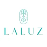 Ein türkisfarbenes Logo mit einem stilisierten ovalen Design über dem Wort LALUZ in eleganter, moderner Schrift; das Oval hat symmetrische Linien und ein sternähnliches Symbol in der Mitte.