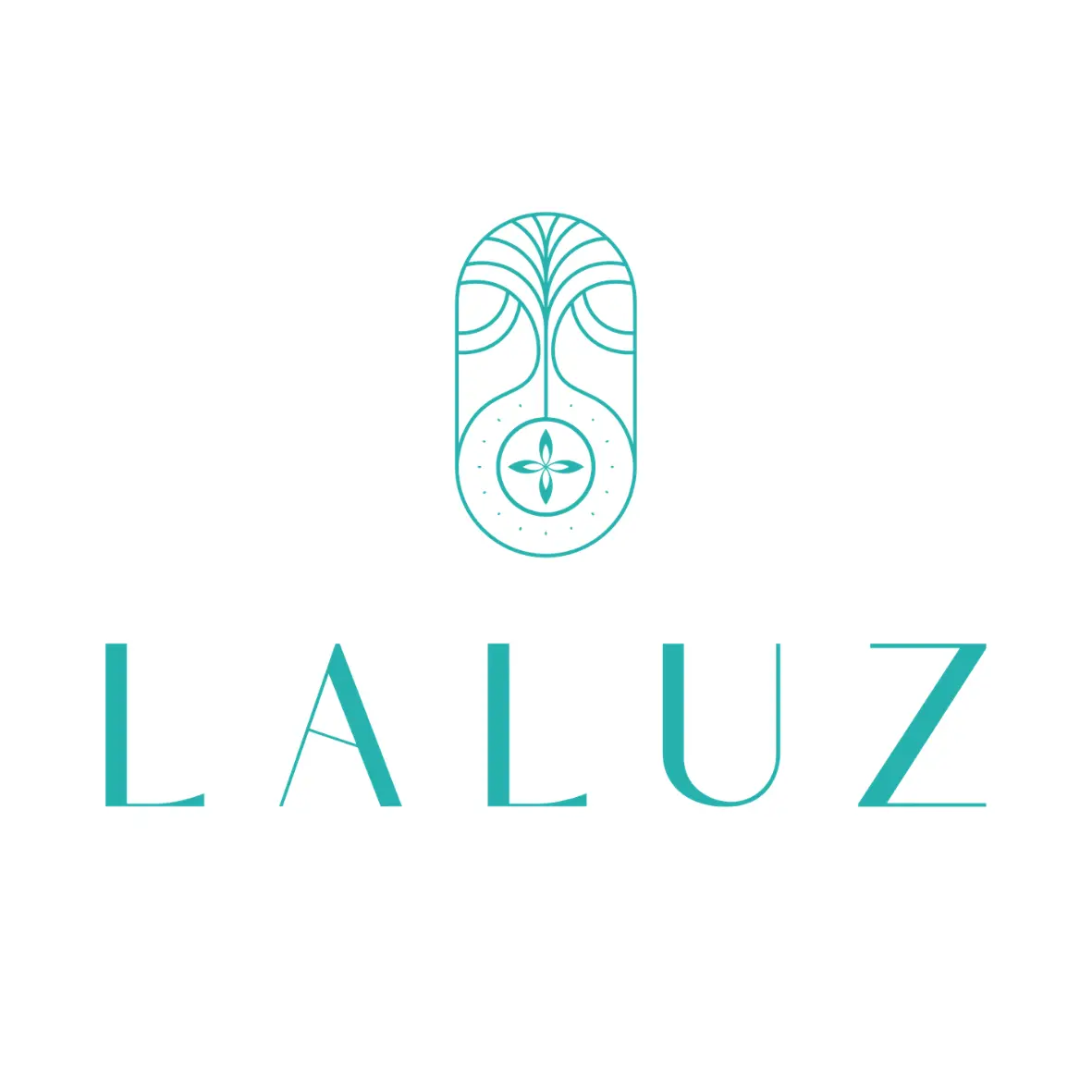 Ein türkisfarbenes Logo mit einem stilisierten ovalen Design über dem Wort LALUZ in eleganter, moderner Schrift; das Oval hat symmetrische Linien und ein sternähnliches Symbol in der Mitte.