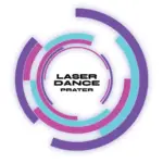 Kreisförmige Grafik mit sich überlappenden lila, blauen und rosa Bögen, die den Text LASER DANCE PRATER in fetten schwarzen Buchstaben in der Mitte umgeben.