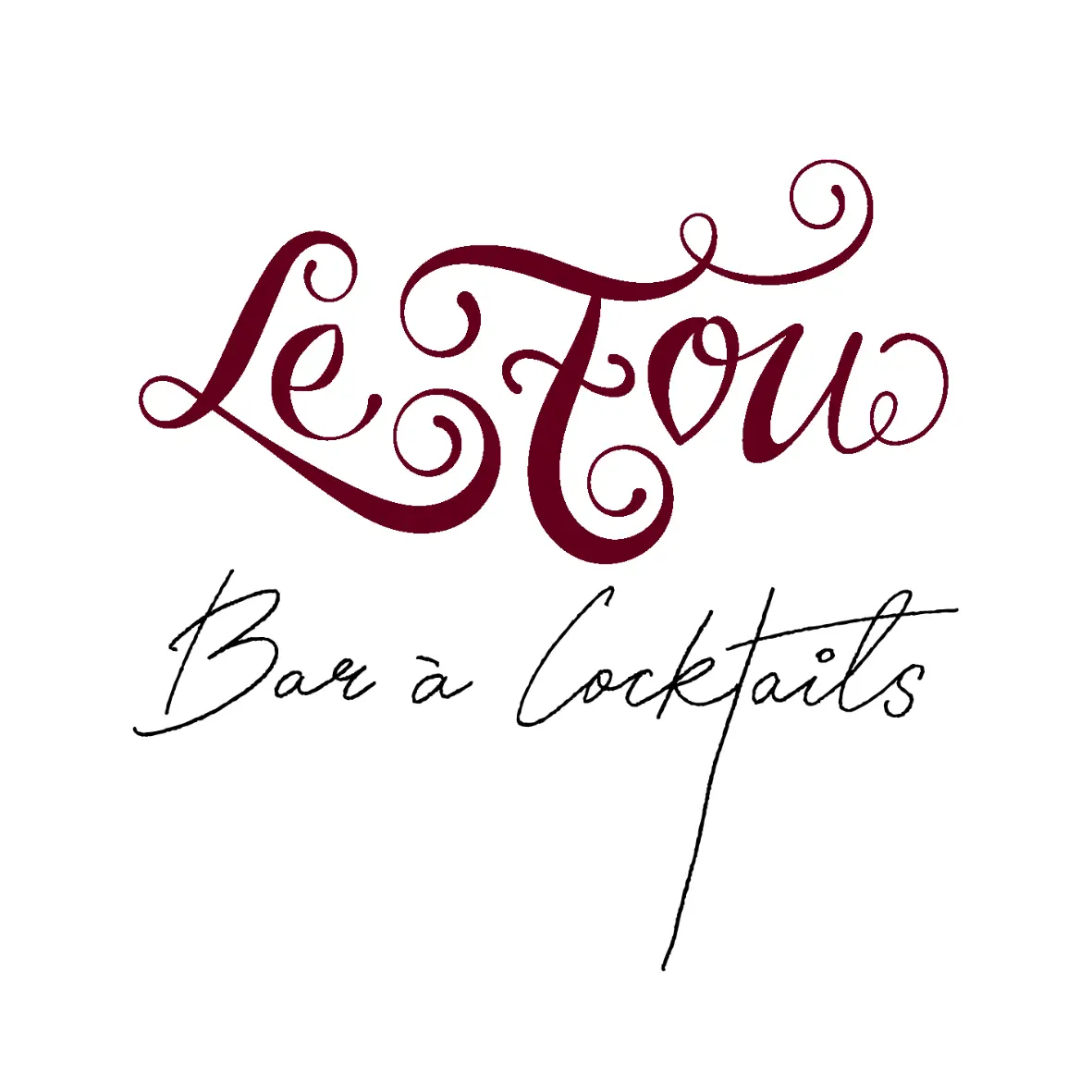 Logo mit „Le Fou“ in dekorativer roter Schrift über „Bar à Cocktails“ in schwarzer Kursivschrift auf weißem Hintergrund.