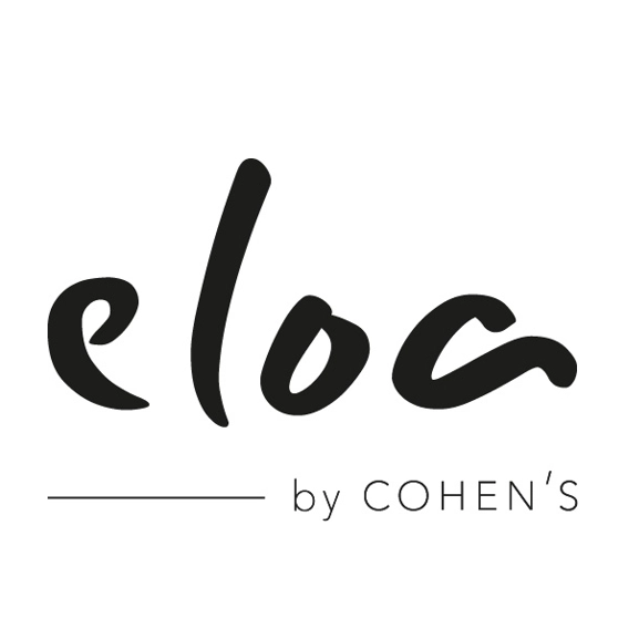 Logo mit dem Wort eloa in einer fetten, kursiven Schrift über einer horizontalen Linie, gefolgt von dem Text by COHENS in Großbuchstaben auf weißem Hintergrund.