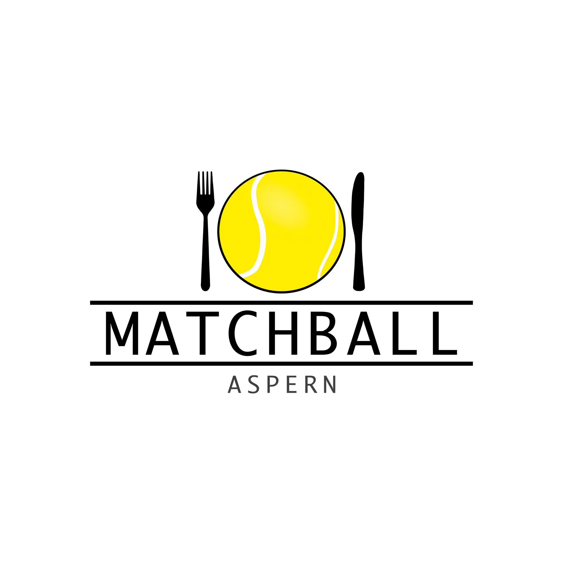 Logo mit einem Tennisball zwischen einer Gabel und einem Messer, mit dem Wort "MATCHBALL" in Fettdruck darunter und "ASPERN" in kleinerer Schrift darunter, alles auf weißem Hintergrund.