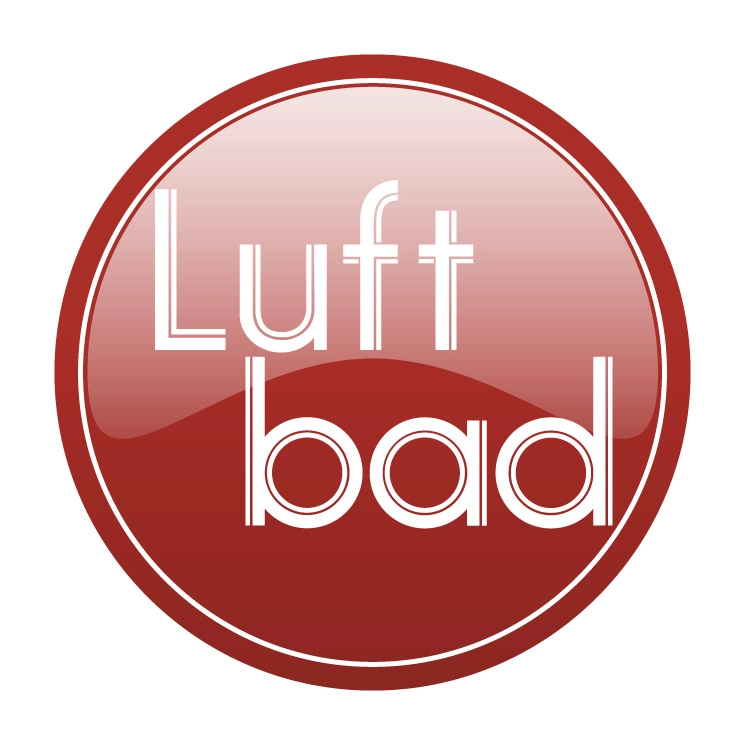 Ein glänzendes, rundes, rotes Logo mit dem Wort Luft über dem Wort bad, beides in großer, weißer, moderner Schrift geschrieben.