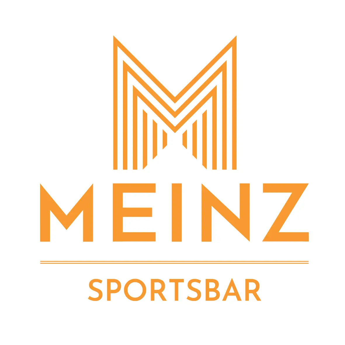 Logo für MEINZ Sportsbar. Es zeigt einen großen, stilisierten Buchstaben M aus orangefarbenen Linien über dem fetten Text MEINZ und dem Wort SPORTSBAR darunter, alles in Orange auf weißem Hintergrund.