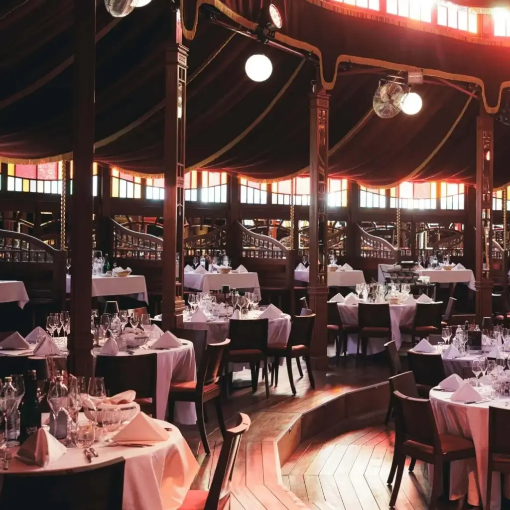 Elegantes Restaurantinterieur und Veranstaltungssaal in Wien mit runden Tischen mit weißen Tischtüchern, Holzstühlen und Glaswaren. Warmes Licht fällt durch hohe Buntglasfenster unter einer zeltartigen Decke mit Holzsäulen.