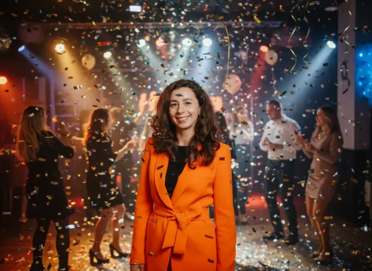 Eine Frau in einem orangefarbenen Blazer steht lächelnd inmitten von fallendem Konfetti auf einer ausgelassenen Party, die von der Eventagentur THE MOMENTS organisiert wurde, mit einer tanzenden Menschenmenge und bunten Bühnenlichtern im Hintergrund.