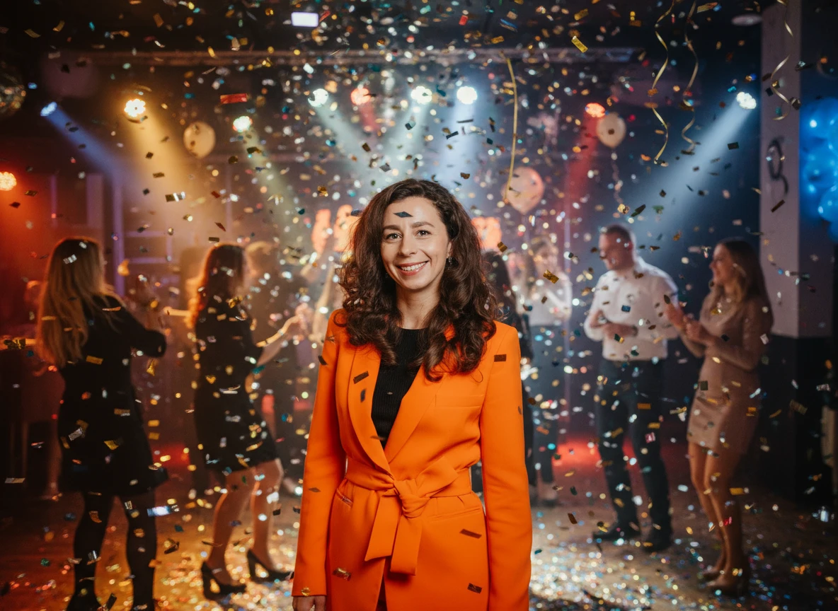 Eine Frau in einem orangefarbenen Blazer steht lächelnd inmitten von fallendem Konfetti auf einer ausgelassenen Party, die von der Eventagentur THE MOMENTS organisiert wurde, mit einer tanzenden Menschenmenge und bunten Bühnenlichtern im Hintergrund.