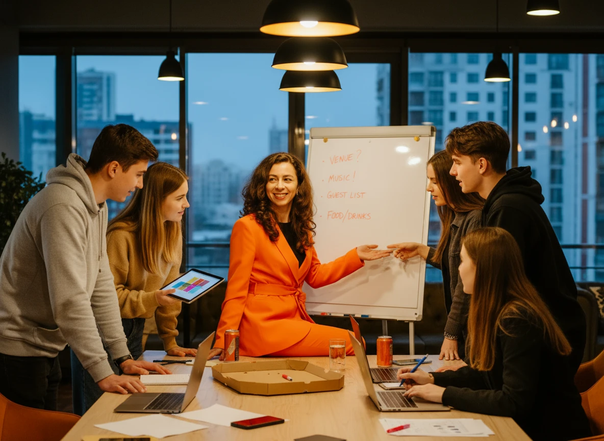 Sechs junge Erwachsene sitzen um einen Tisch mit Laptops, Getränkedosen und Pizza. Eine Frau in einem orangefarbenen Anzug von THE MOMENTS Event Agency lächelt, während sie die Diskussion neben einem Whiteboard mit Notizen zur Veranstaltungsplanung leitet.