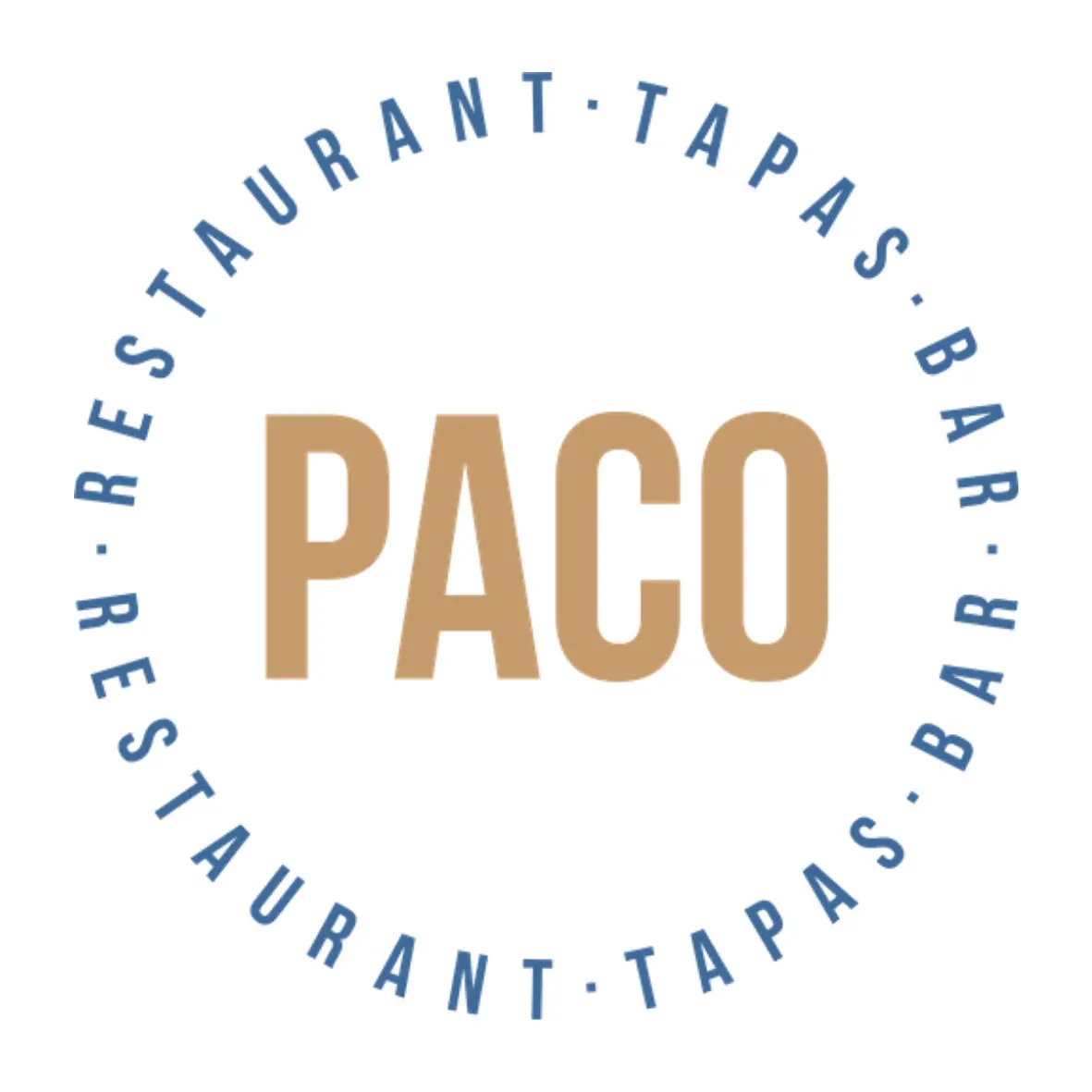 Das Logo zeigt das Wort PACO in großen, fetten, hellbraunen Buchstaben in der Mitte eines blauen, kreisförmigen Rahmens, um den herum die Worte RESTAURANT - TAPAS - BAR wiederholt werden.