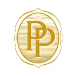 Ein goldenes, verziertes Emblem mit zwei ineinander greifenden Buchstaben P in der Mitte vor einem Hintergrund aus horizontalen Linien innerhalb eines ovalen Rahmens auf weißem Hintergrund.