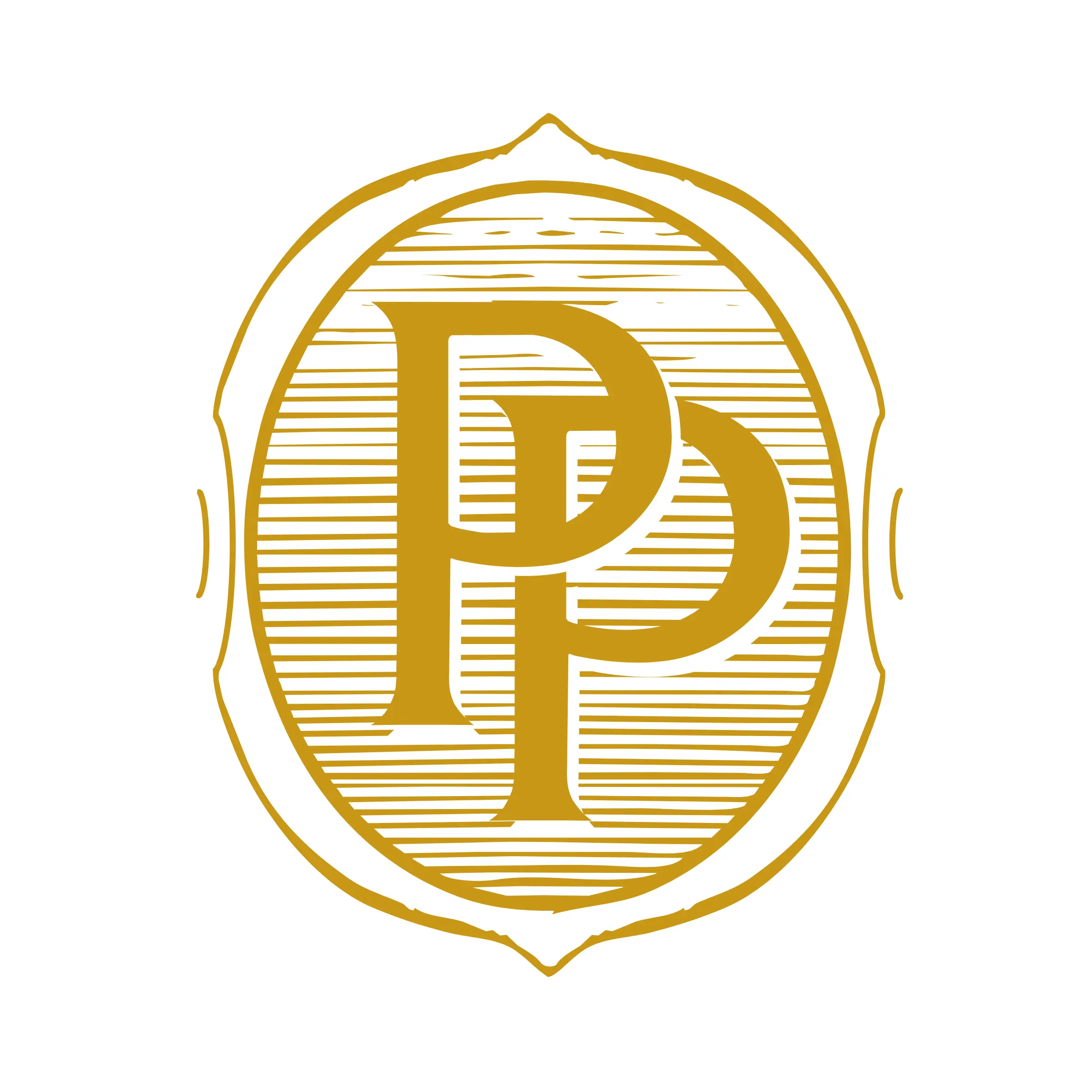 Ein goldenes, verziertes Emblem mit zwei ineinander greifenden Buchstaben P in der Mitte vor einem Hintergrund aus horizontalen Linien innerhalb eines ovalen Rahmens auf weißem Hintergrund.