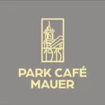 Beigefarbene Strichzeichnung eines Gebäudes mit 1915 darunter, darüber der Text PARK CAFÉ MAUER in fetten Großbuchstaben, alles auf grauem Hintergrund.