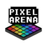 Logo mit dem Schriftzug Pixel Arena in fetten, weißen, verpixelten Buchstaben über einem geneigten Gitter aus bunten Quadraten, die in einem Regenbogenverlauf auf einem dunklen Hintergrund angeordnet sind.