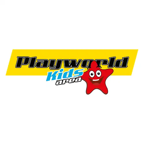Logo für Playworld Kids Area mit fettgedrucktem schwarzem und blauem Text auf gelbem Hintergrund, mit einer lächelnden roten Stern-Cartoonfigur neben den Worten.