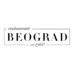 Schwarz-weißes Logo mit dem Text Restaurant BEOGRAD seit 1960 innerhalb eines rechteckigen Rahmens, der den Namen und das Gründungsjahr des Restaurants angibt.