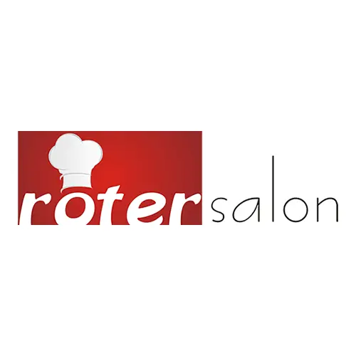 Logo mit dem Wort rotersalon in weißen Kleinbuchstaben auf rotem Hintergrund. Das o in roter wird durch eine weiße Kochmütze ersetzt. Das Wort salon steht in dünnen schwarzen Buchstaben auf weißem Hintergrund.