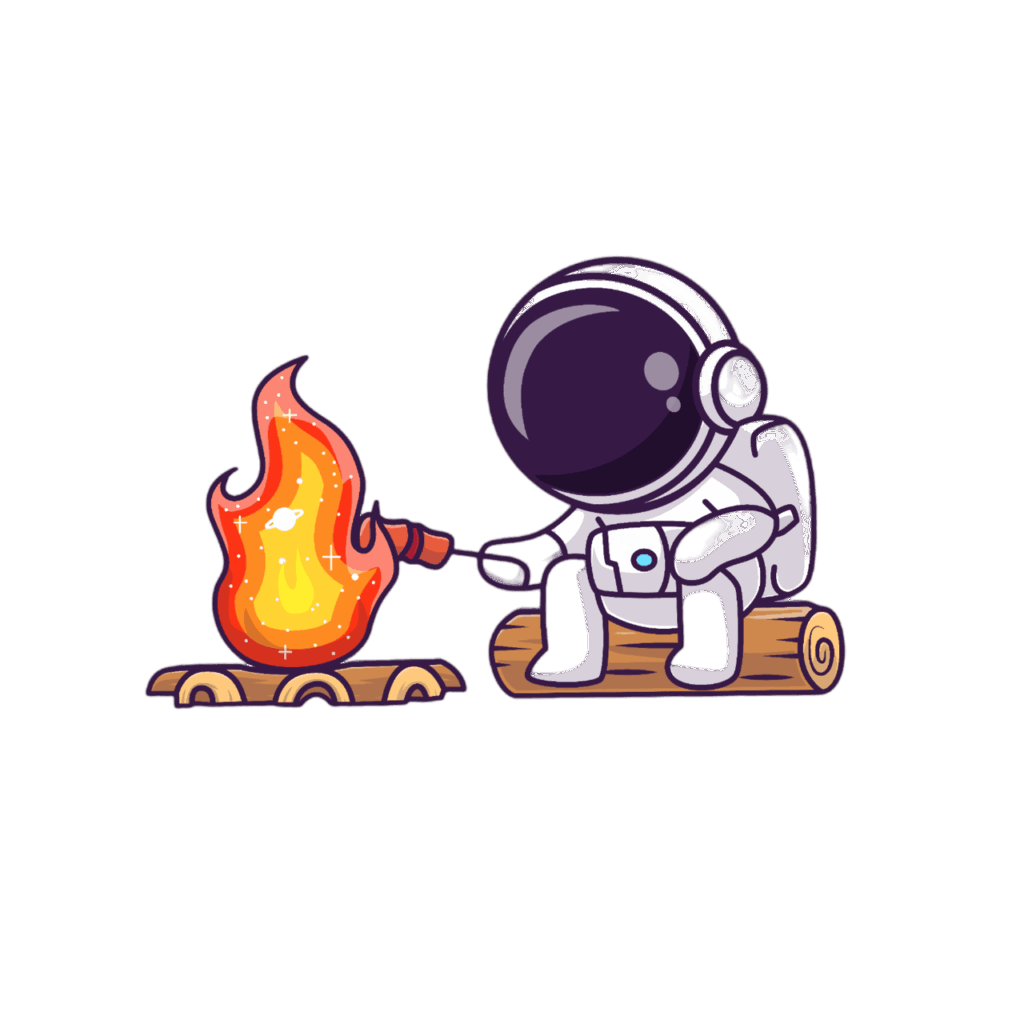 Ein Cartoon-Astronaut in weißem Anzug und Helm sitzt auf einem Baumstamm und röstet Marshmallows und Spareribs über einem Lagerfeuer. Die Szene ist verspielt und skurril und fängt einen nicht alltäglichen Camping-Moment ein.