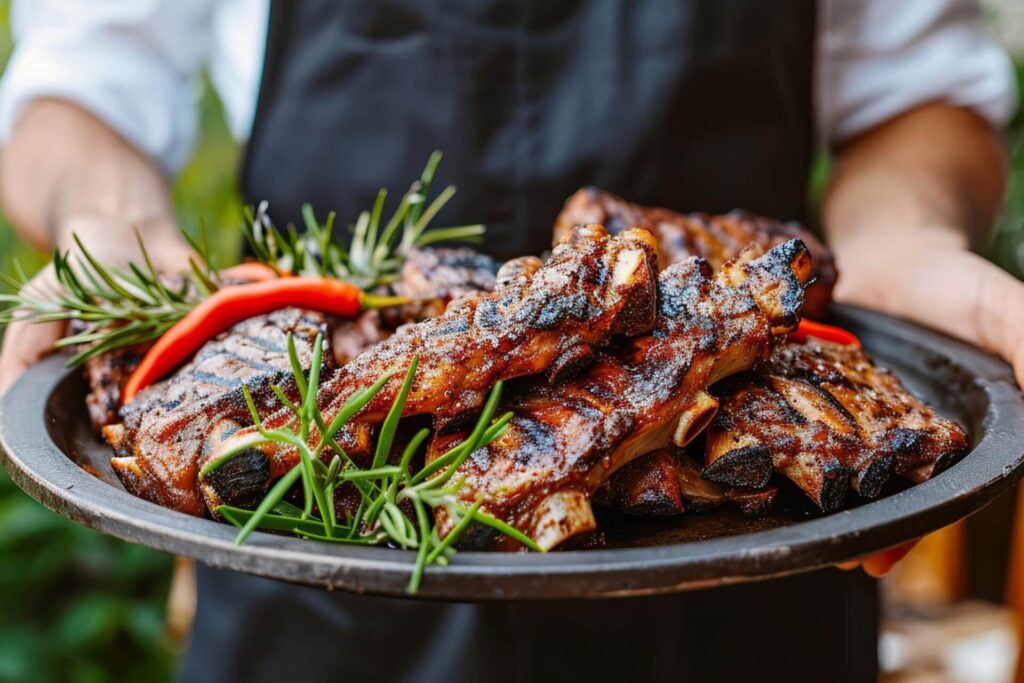 Eine Person in einer dunklen Schürze hält einen Teller mit gegrillten Rippchen, garniert mit frischem Rosmarin und roten Chilischoten. Die Rippchen sind verkohlt und glasiert, was darauf hindeutet, dass sie frisch gegrillt sind.