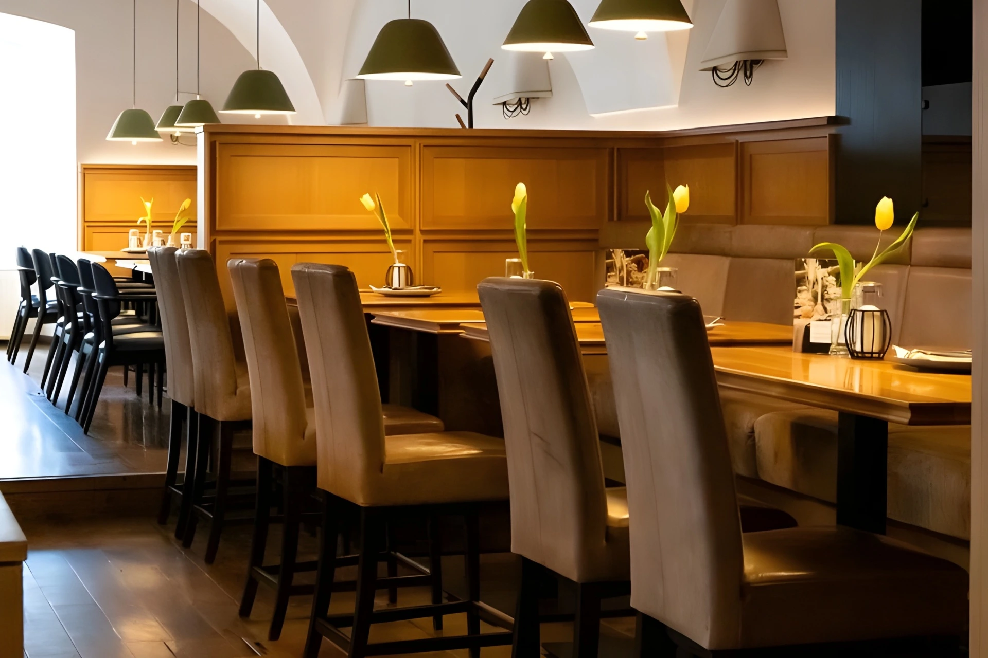 Ein modernes Restaurant mit Holztischen, hellbraunen gepolsterten Stühlen, grünen Hängeleuchten und einzelnen gelben Tulpen in Vasen auf jedem Tisch. Der Raum wirkt sauber und einladend mit weichem, natürlichem Licht.