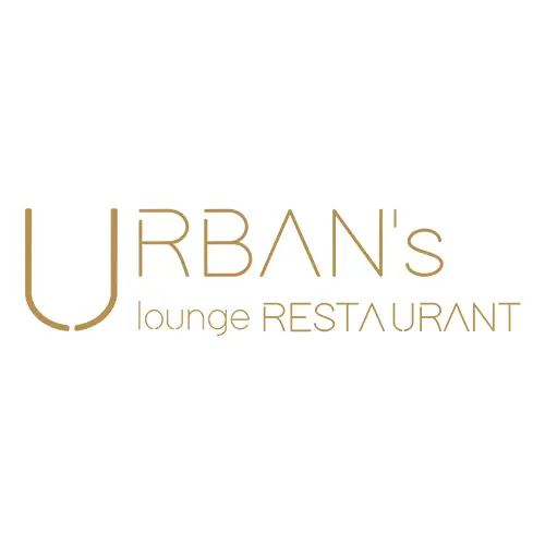 Logo für URBANs lounge RESTAURANT in moderner, goldfarbener Schrift auf weißem Hintergrund. Das U ist einzigartig stilisiert und größer als die anderen Buchstaben.