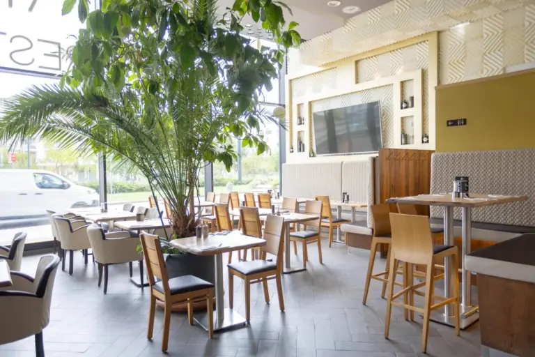 Ein helles, modernes Restaurant mit Holztischen und -stühlen, einer großen grünen Zimmerpflanze, einem an der Wand montierten Fernseher und großen Fenstern, die natürliches Licht hereinlassen.
