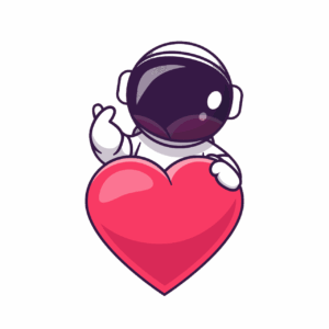 Cartoon Astronaut hält ein großes rosa Herz, mit einer Hand in einer freundlichen Geste erhoben. Perfekt für den Austausch von spielerischen Valentinstag Wien Vibes vor einem schlichten weißen Hintergrund.