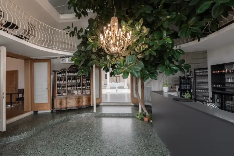 Der moderne, elegante Empfangsbereich verfügt über einen Kronleuchter, der von einem großen Baum in der Halle herabhängt, Terrazzoböden, eine schlichte graue Theke, alte Holzregale mit Flaschen und eine geschwungene weiße Treppe darüber.