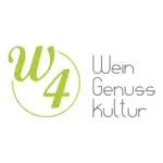 Logo mit w4 in Grün innerhalb eines Kreises auf der linken Seite und Wein Genuss Kultur in grauer moderner Schrift auf der rechten Seite, alles auf weißem Hintergrund.