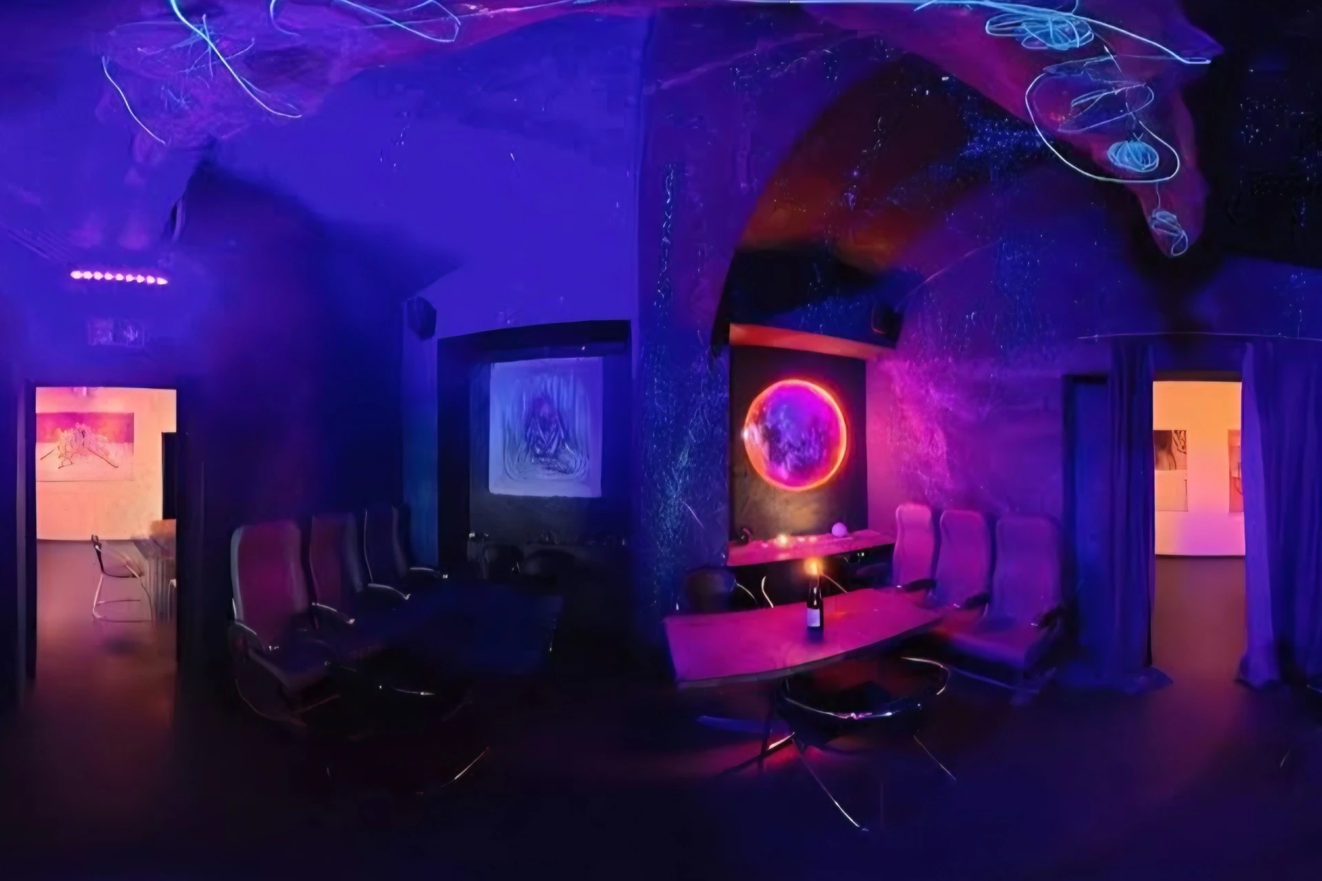Ein futuristischer Raum mit leuchtenden violetten und blauen Neonröhren, modernen Stühlen an Tischen, einer einzigen Weinflasche, lebendiger Wandkunst und einem mit warmem gelben Licht beleuchteten Nebenraum.