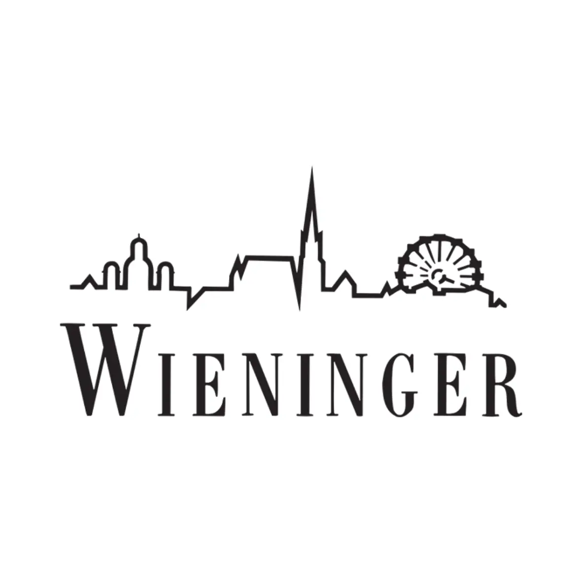 Schwarzer Umriss der Skyline von Wien, einschließlich bedeutender Gebäude und eines Riesenrads, über dem Wort WIENINGER in fetten Großbuchstaben auf weißem Hintergrund.
