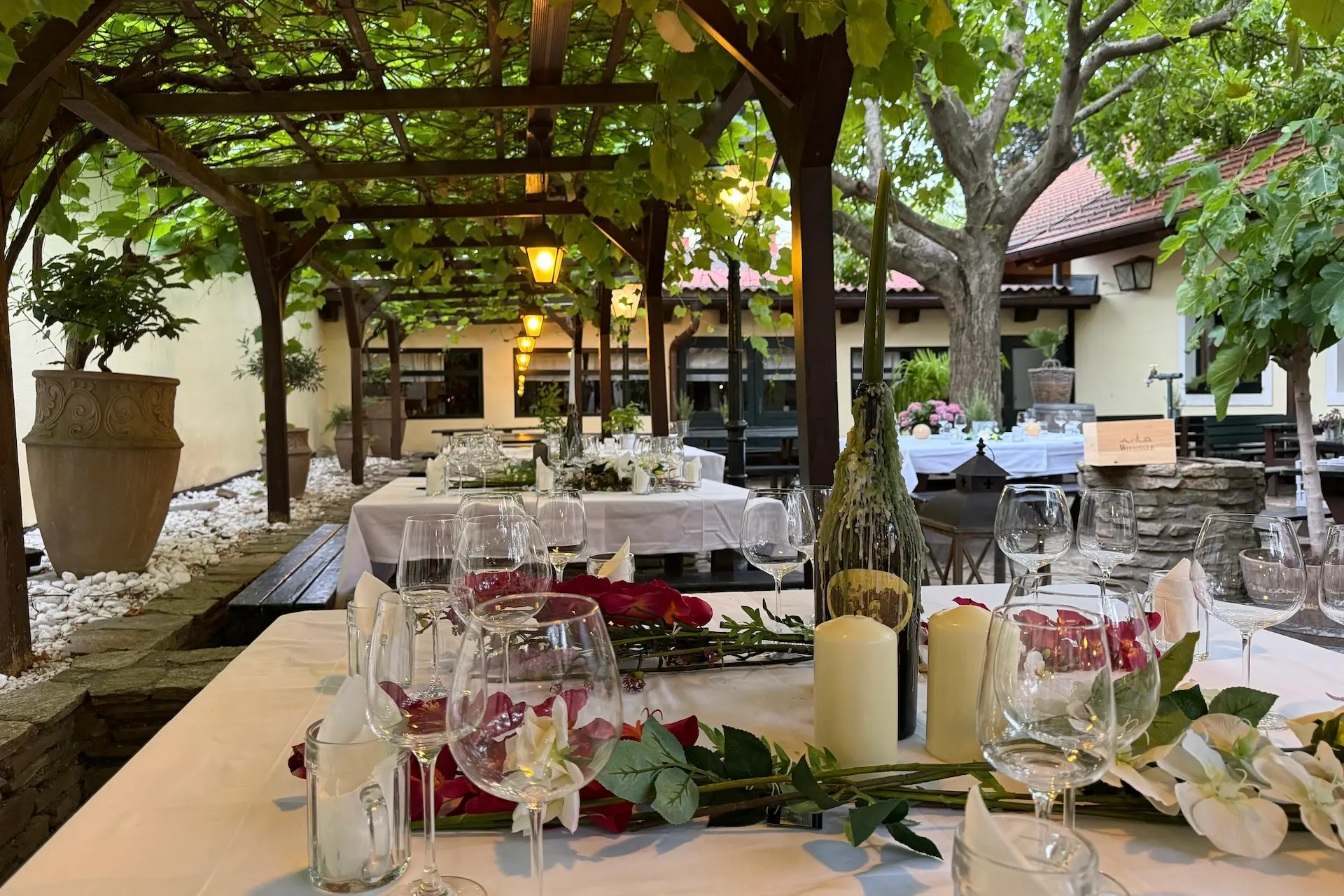 Essbereich im Freien mit für eine Veranstaltung gedeckten Tischen, dekoriert mit Weingläsern, Kerzen und roten Rosen. Eine hölzerne Pergola mit grünen Weinreben, umgeben von Bäumen und sanfter, warmer Beleuchtung.