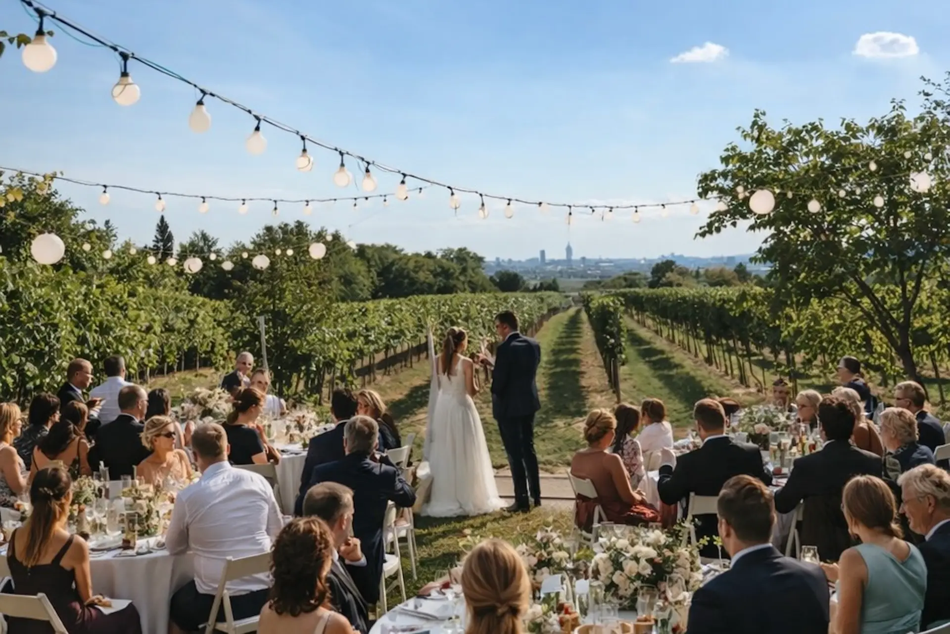 Braut und Bräutigam stehen zusammen in einem Weinberg und blicken auf die Gäste, die an dekorierten Tischen im Freien sitzen. Über ihnen hängen Lichterketten, und der Himmel ist klar und sonnig, was eine festliche, romantische Atmosphäre schafft.