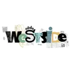 Stilisierter Text mit der Aufschrift Westside in fetten, gemischten Schriftarten und Farben, mit abstrakten Kritzeleien, Kronen und geometrischen Formen in und um die Buchstaben.