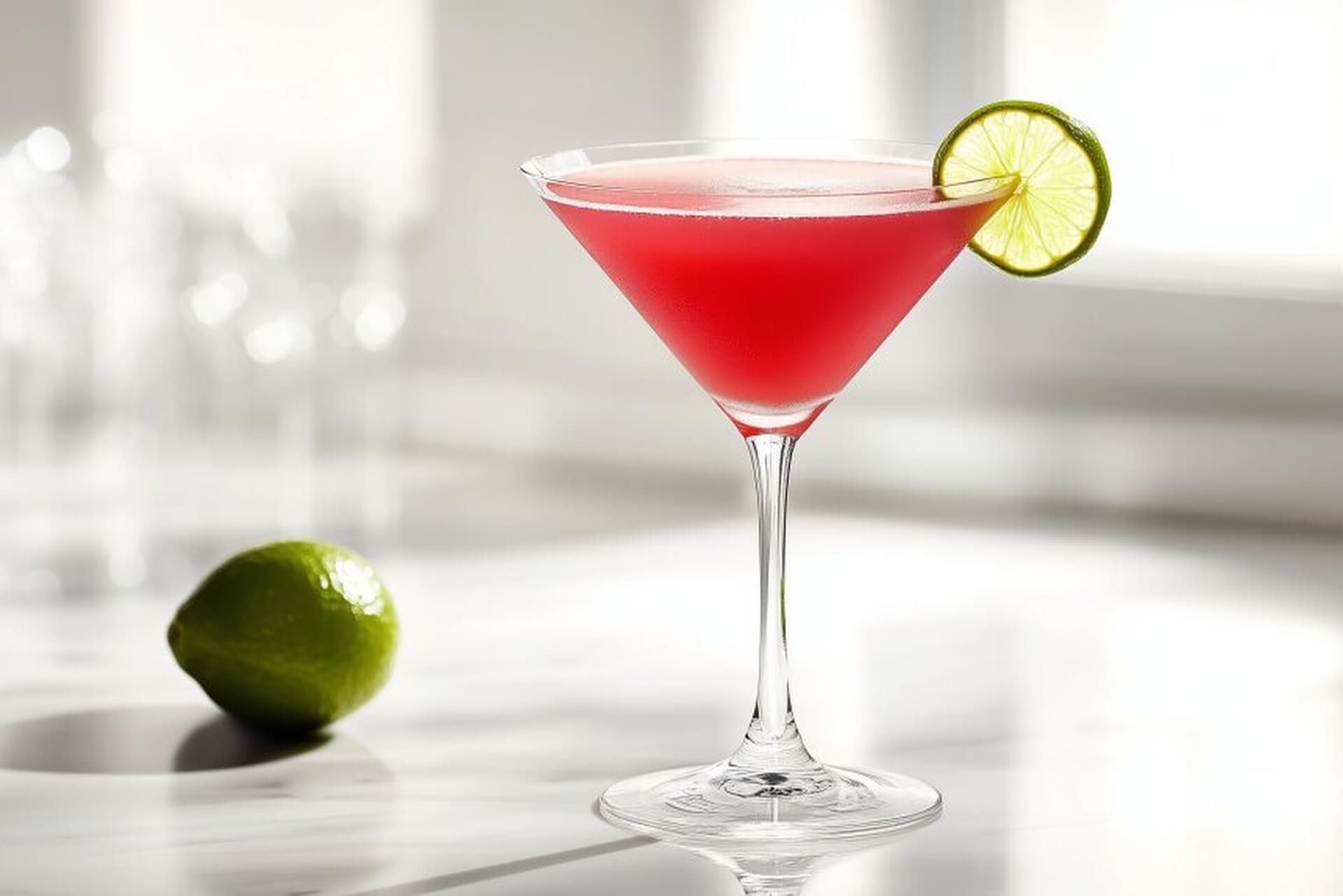 Ein leuchtend rosafarbener Cocktail in einem Martiniglas, garniert mit einem Limettenrad, steht auf einer weißen Marmorfläche, daneben eine ganze Limette - ein perfektes Bild für jede Cocktail-Rezepte-Sammlung. Der Hintergrund ist sanft verschwommen.