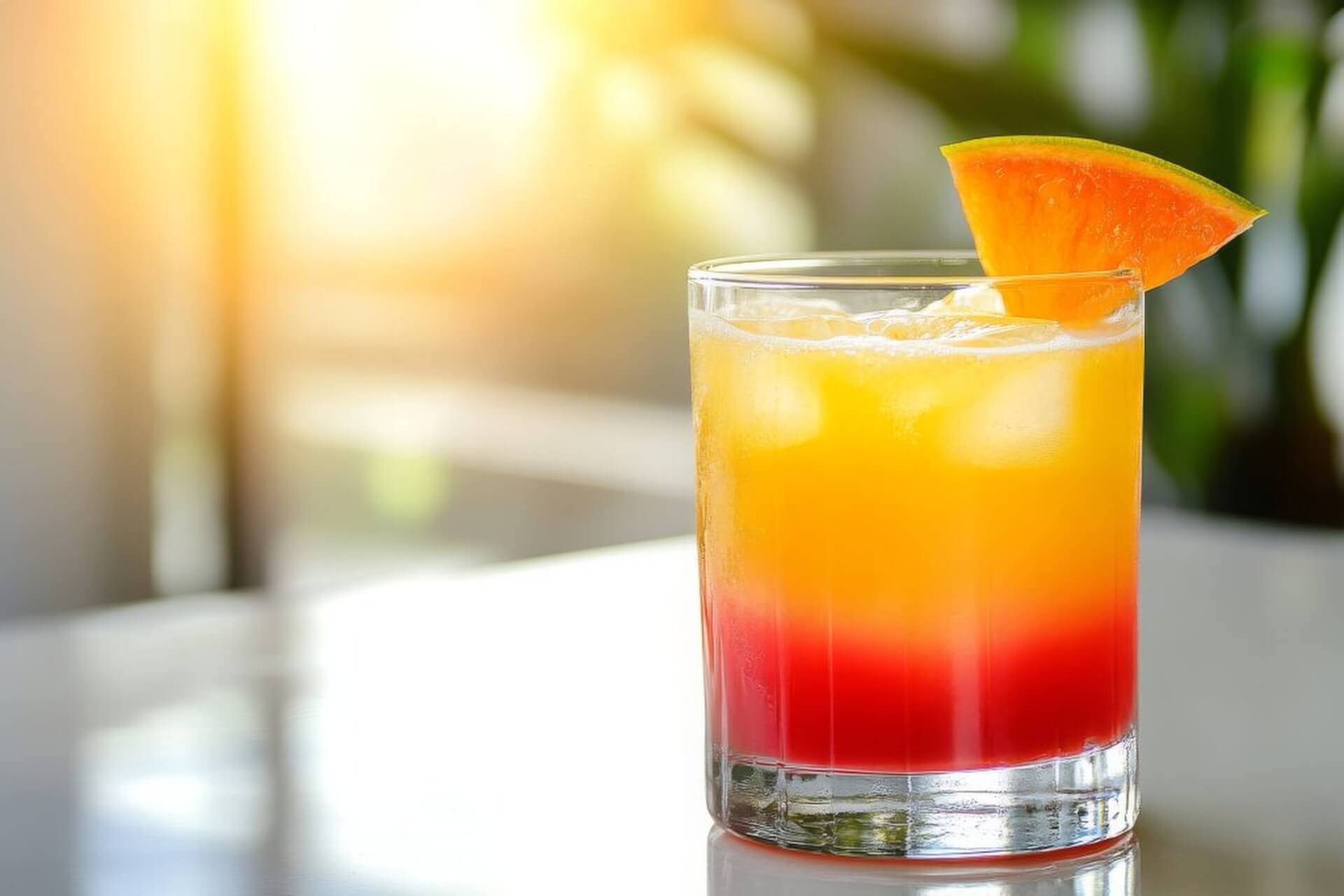 Ein Glas mit einem leuchtend orangefarbenen und roten Getränk mit Eiswürfeln, garniert mit einer Orangenscheibe am Rand, steht auf einer spiegelnden Oberfläche - die perfekte Inspiration für Liebhaber von Cocktail-Rezepten - und im Hintergrund verschwimmen Sonnenlicht und Grün.